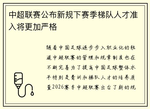 中超联赛公布新规下赛季梯队人才准入将更加严格 中超联赛公布新规下赛季梯队人才准入将更加严格