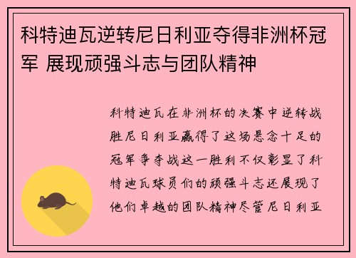 科特迪瓦逆转尼日利亚夺得非洲杯冠军 展现顽强斗志与团队精神 科特迪瓦逆转尼日利亚夺得非洲杯冠军 展现顽强斗志与团队精神